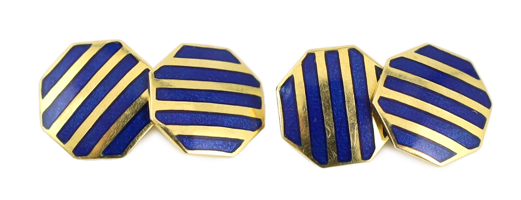 A pair of late 1980's Tiffany & Co 18ct gold and blue striped enamel octagonal cufflinks